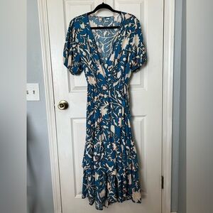 Knox Rose Teal Floral Maxi Wrap Dress with Tassel tie detail, Size L